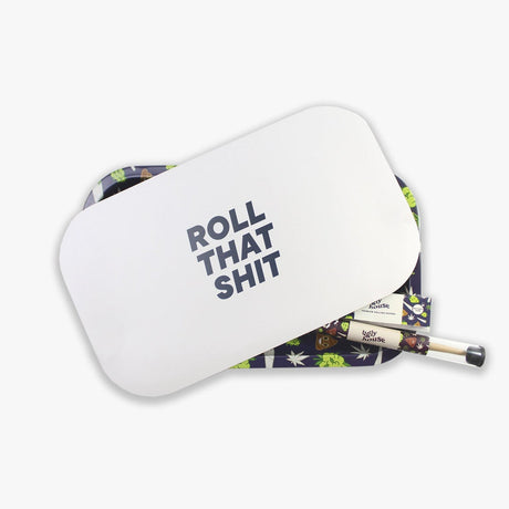 Ugly House Large Rolling Tray with Lid featuring 'Roll That Shit' text, cones, and papers