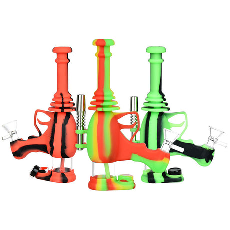 Colorful Laser Gun Silicone Water Pipes for Dry Herbs & Concentrates, 8.5" Tall, Front View