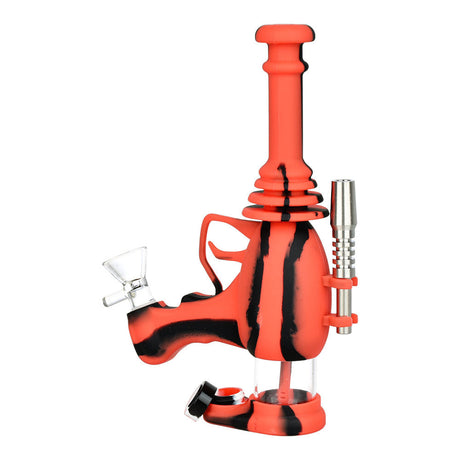 Red and black laser gun-shaped silicone water pipe for dry herbs and concentrates, front view