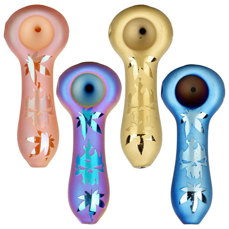 Leaves & Skulls Electroplated Glass Pipes - 4" Spoon Style in Various Colors Top View