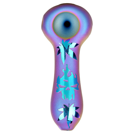Leaves & Skulls Electroplated 4" Glass Pipe, Spoon Style, Borosilicate - Front View