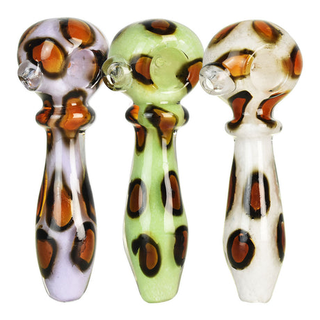 Trio of Leopard Spotted Borosilicate Glass Spoon Pipes with Unique Patterns