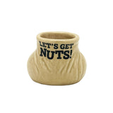 Ceramic shot glass with "Let's Get Nuts" print, 2oz capacity, front view on white background