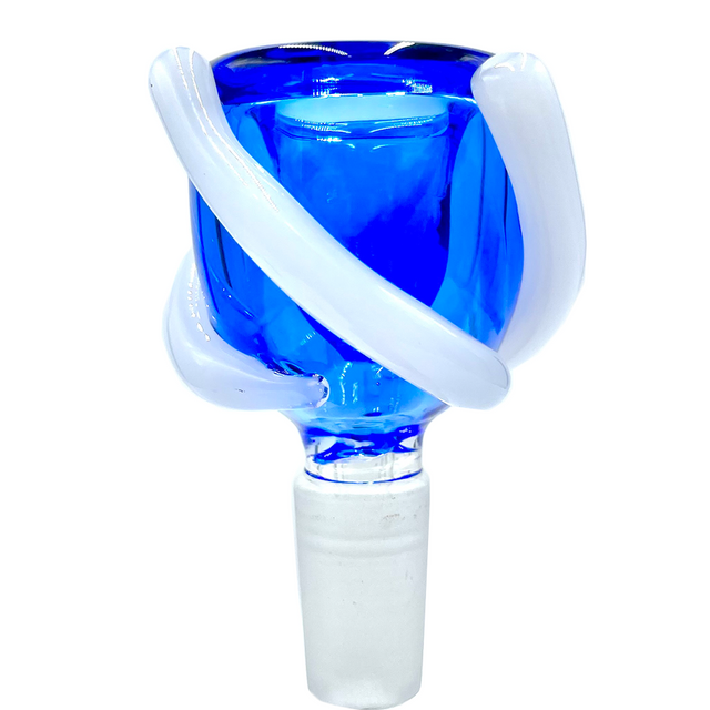Lucky Goat Tiger Claw Glass Bowl in 14mm, vibrant blue colored glass with white accents, front view