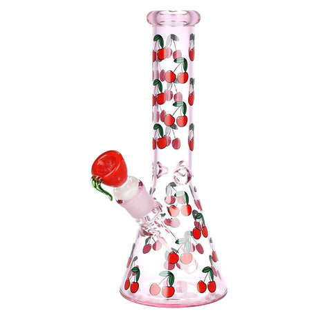 10" Cherry-Design Beaker Water Pipe with 14mm Female Joint, Borosilicate Glass, Front View