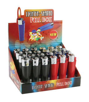 24-pack lighter-shaped silicone pill boxes in red and black, compact and portable, front view
