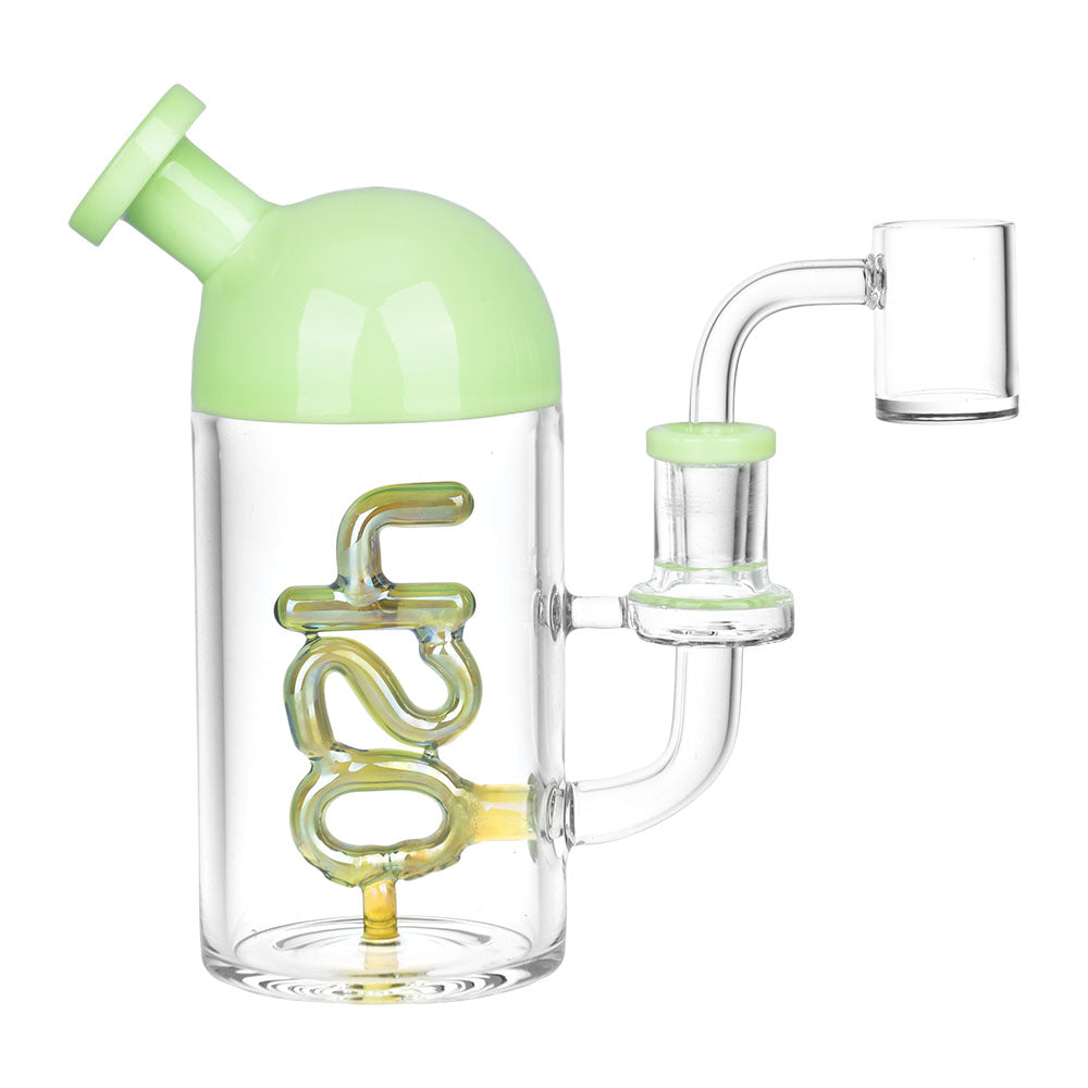 Li'l Dabby 420 Dab Rig, 6" height, 14mm female joint, with intricate glasswork, front view on white background