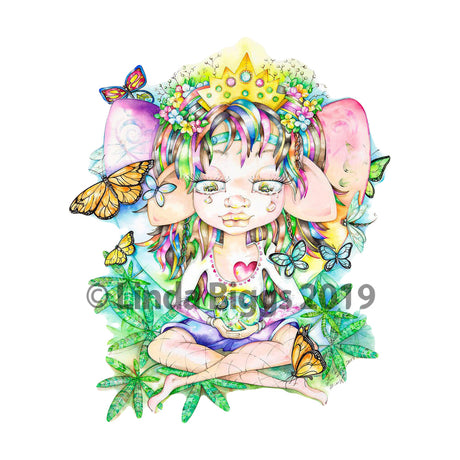 Linda Biggs artwork featuring colorful fairy character surrounded by butterflies and leaves