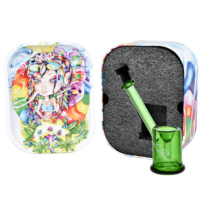 Linda Biggs 4.25" Glass Bubbler with Colorful Art Tin - Clear Borosilicate, Portable