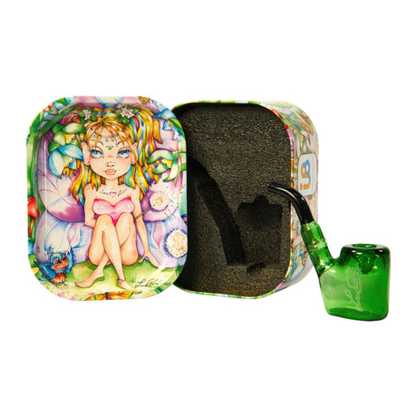 Linda Biggs Sherlock Pipe in green borosilicate glass with matching travel tin featuring artwork, front view