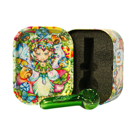 Linda Biggs Spoon Pipe with colorful fairy design, side view, alongside a matching travel tin