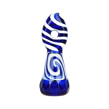 Blue Liquid Vortex Gem Faceted Chillum, 3" Borosilicate Glass Hand Pipe, Front View