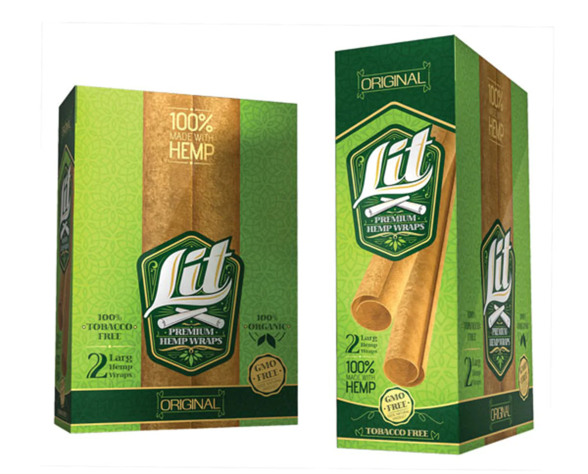 LIT Culture Hemp Blunt Wraps in Original flavor, 25 pack, front and angled view, organic and GMO-free