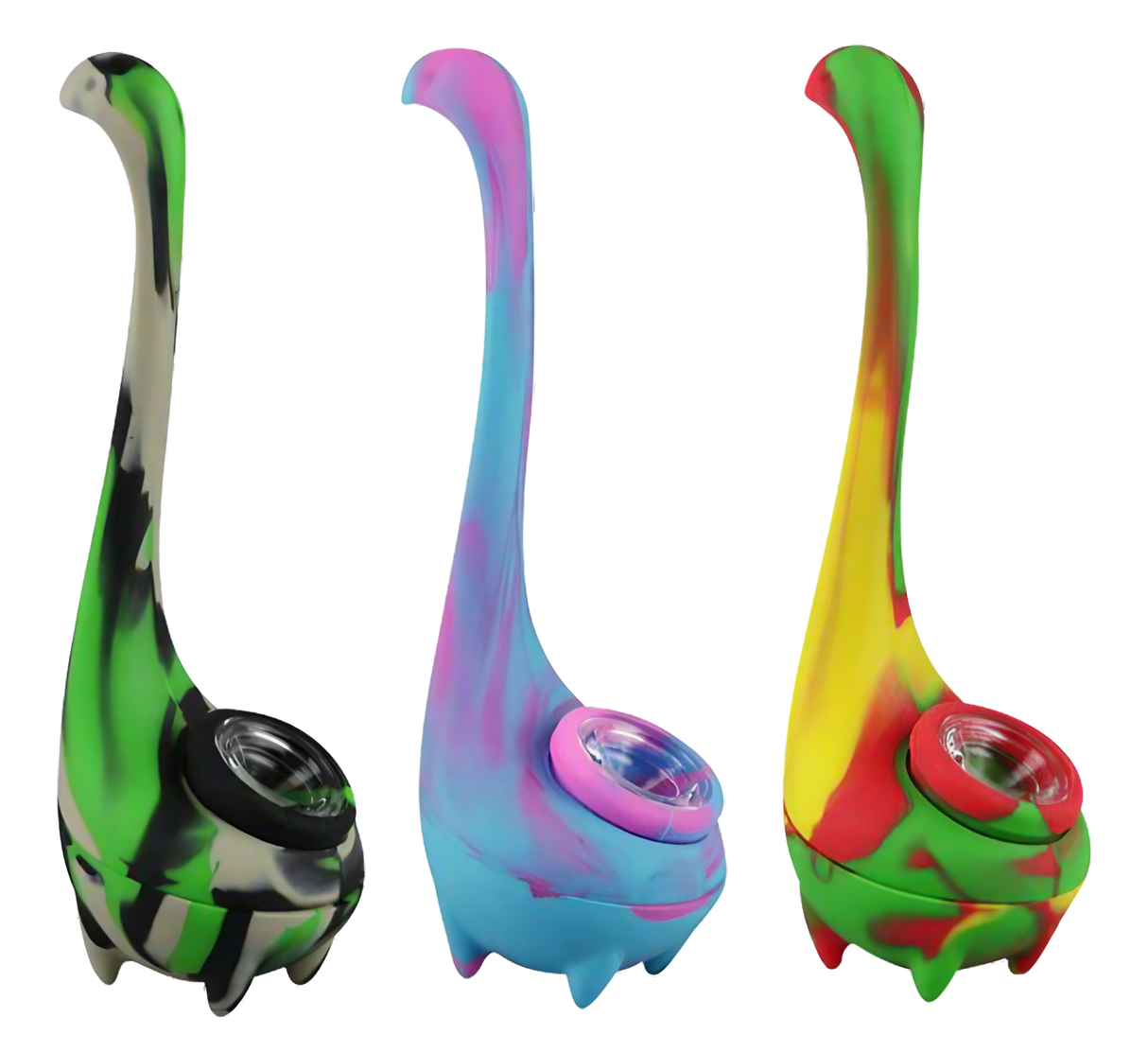 Assorted colors Loch Ness Monster Silicone Pipes with Slit-Diffuser design, side view