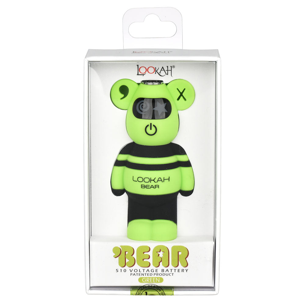 Lookah Bear 510 Battery in green, 500mAh power, front view in packaging, ideal for vaping