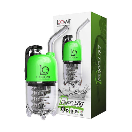 Lookah Dragon Egg eRig Bubbler in Green with 950mAh battery, front view alongside packaging