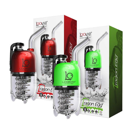 Lookah Dragon Egg eRig Bubblers in red and green with 950mAh batteries, displayed with packaging