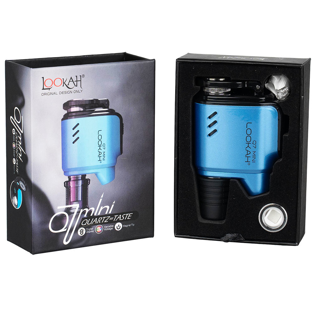 Lookah Q7 Mini Enail in blue with quartz dish, 950mAh battery, displayed next to its packaging