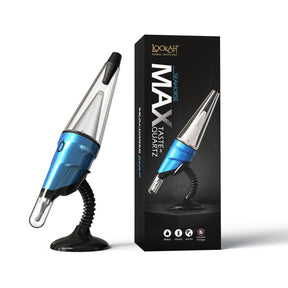 Lookah Seahorse Max Electric Dab Pen in Blue with Glass Perc and 950mAh battery, displayed next to its packaging