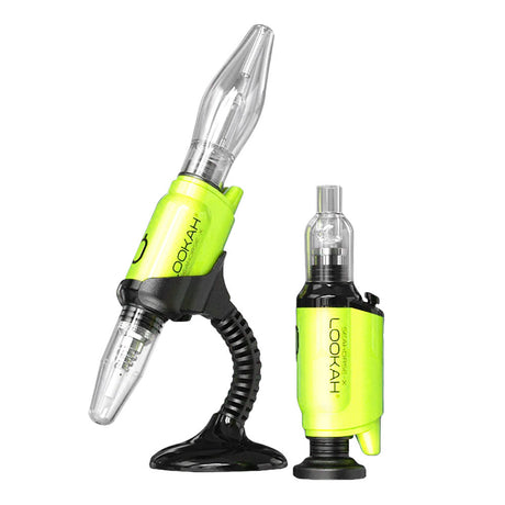 Lookah Seahorse X Neon Green Electric Dab Kit, versatile design with glass tip, front and side view