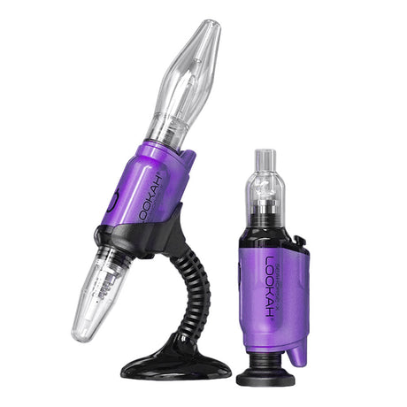 Lookah Seahorse X Electric Dab Kit in Purple, side view with glass tip and stand