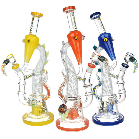 Lookah Trippy Dragon Recycler Water Pipes in yellow, orange, and blue with intricate glasswork.