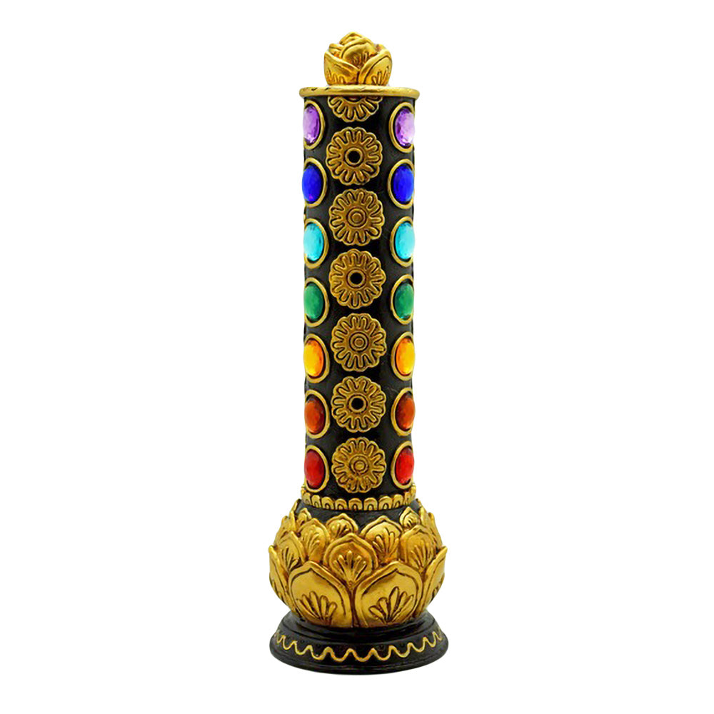 Polyresin Lotus Flower Enlightenment Tower Incense Burner with colorful accents, front view