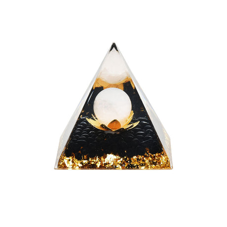Front view of Lotus Flower with White Moon Orgonite Pyramid 2.5" for home decor