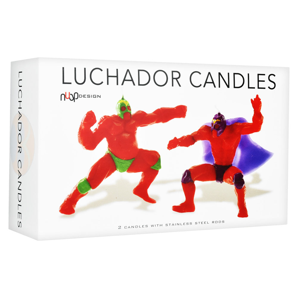Luchador Birthday Candles, 2pc Set, vibrant assorted colors, fun novelty design, front view