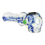 Luscious Lace Glass Spoon Pipe with intricate blue and white design, 4.25" borosilicate glass, side view