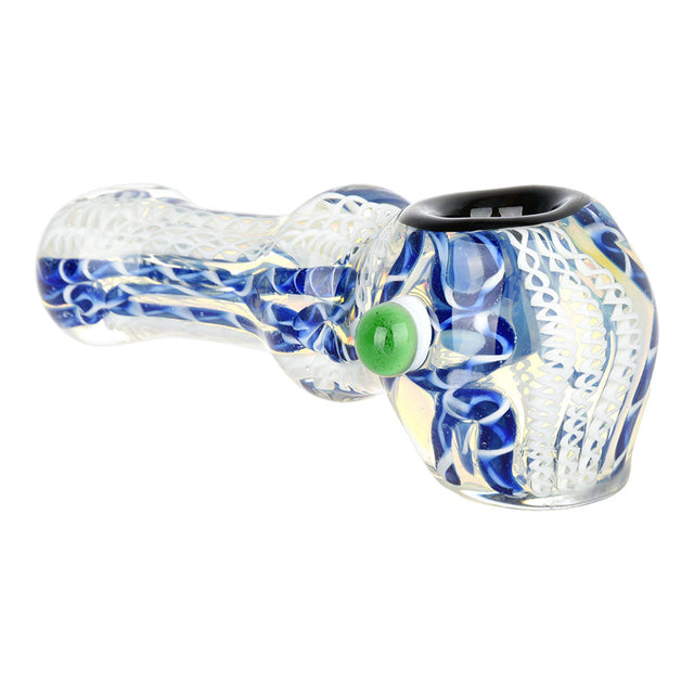 Luscious Lace Glass Spoon Pipe with intricate blue and white design, 4.25" borosilicate glass, side view