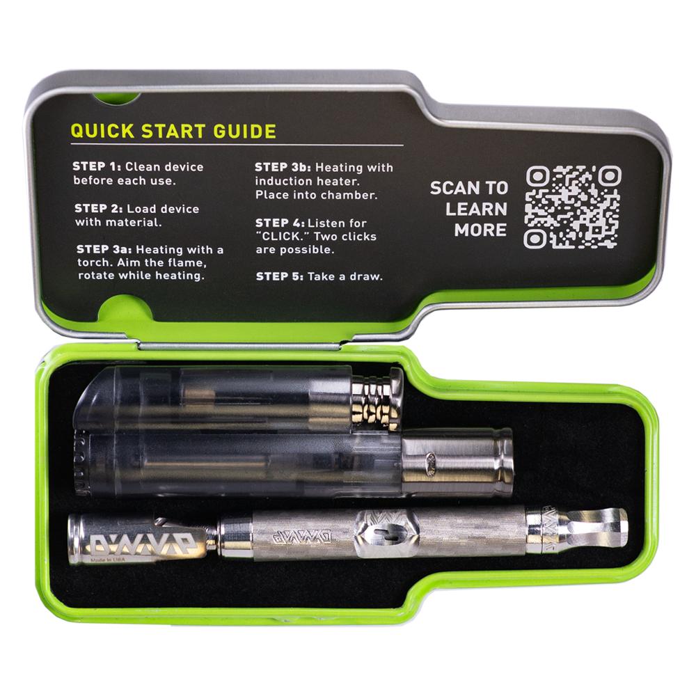 DynaVap The M 7 XL vaporizer photographed from a bird's eye view, laid flat end to end on a surface.