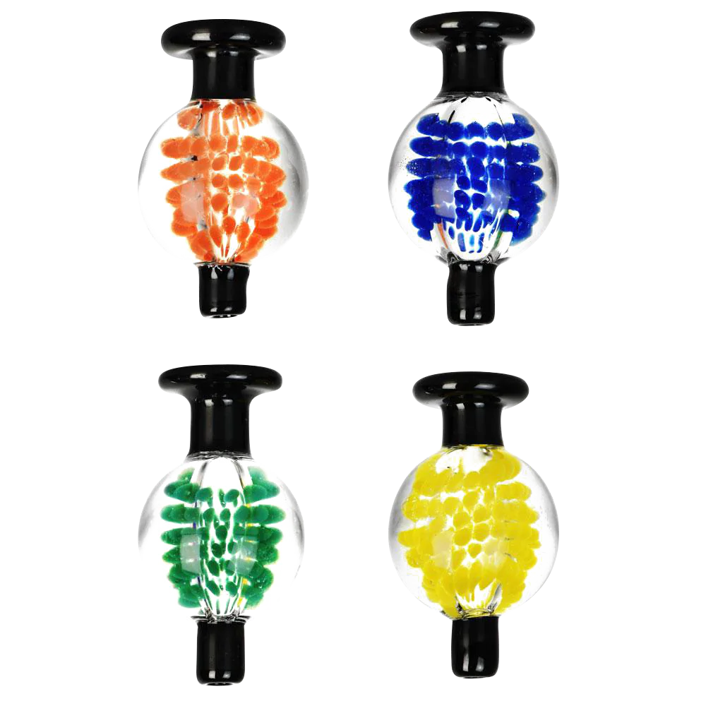 Macro Hibiscus Vibes Ball Carb Caps in various colors, made with heavy wall borosilicate glass