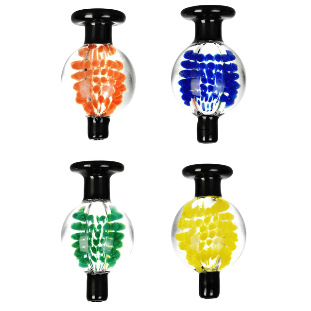 Macro Hibiscus Vibes Ball Carb Caps in various colors, made with heavy wall borosilicate glass