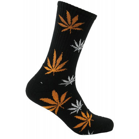 Mad Toro Socks featuring all-over hemp leaf design, black with orange and white accents