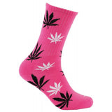 Mad Toro Socks in pink with all-over black and white hemp leaf design, side view on white background