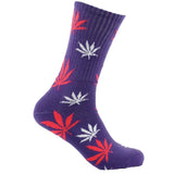 Mad Toro Socks with vibrant red and white hemp leaf pattern on purple background, side view