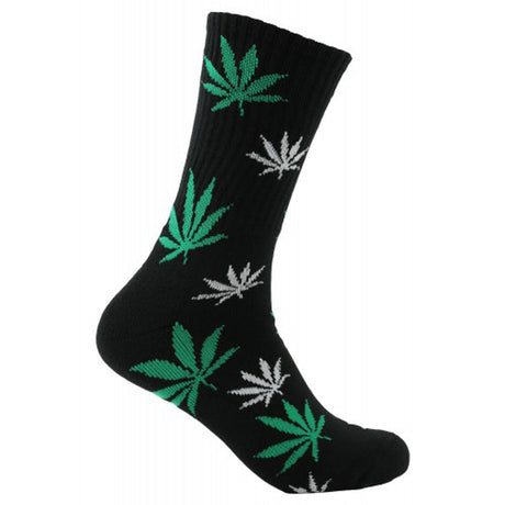 Mad Toro Socks featuring all-over green and white hemp leaf pattern on black background