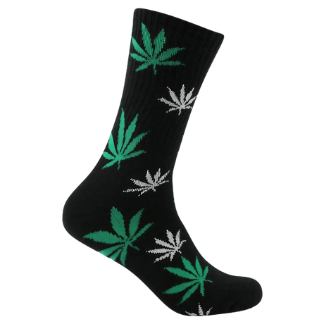 Mad Toro Socks in Black with Green Leaf Patterns, Polyester and Spandex Blend