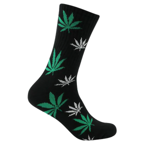 Mad Toro Socks in Black with Green Leaf Patterns, Polyester and Spandex Blend