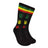 Mad Toro Socks featuring Rasta-colored leaves and stripes design on a black background, one size fits all