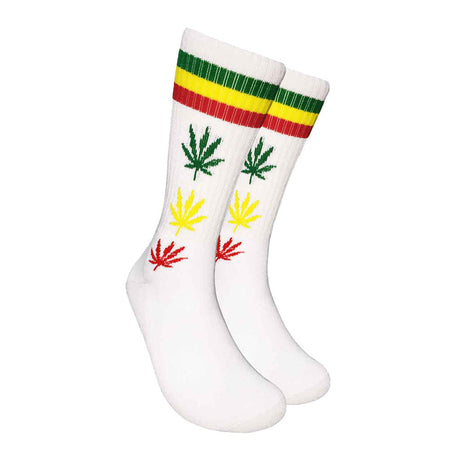 Mad Toro Socks in white with Rasta-colored leaves and stripes design, one size fits all