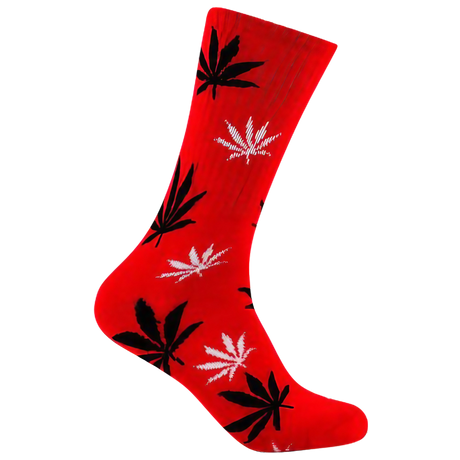 Mad Toro Socks in Red/Black with Cannabis Leaf Design, Comfortable Polyester-Spandex Blend