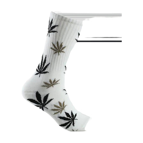Mad Toro Socks in White/Black with Cannabis Leaf Design, Comfortable Polyester-Spandex Blend