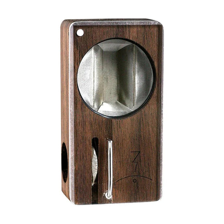 Magic Flight Launch Box Vaporizer in Walnut Wood, Front View with Glass Mouthpiece