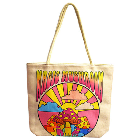 Colorful Magic Mushroom print on Jute Rope-Handled Tote Bag, 17"x15", perfect for everyday use