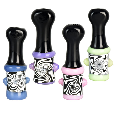 Magic Warp Machine Chillum Pipes in various colors with hypnotic design, front view on white background