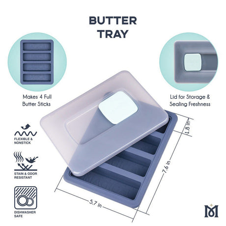 Magical Butter Silicone Butter Mold with Lid, top and side views, for easy butter storage