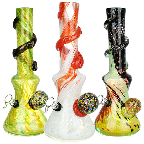 Manifest Passion Soft Glass Water Pipes in assorted colors with artistic swirls, front view