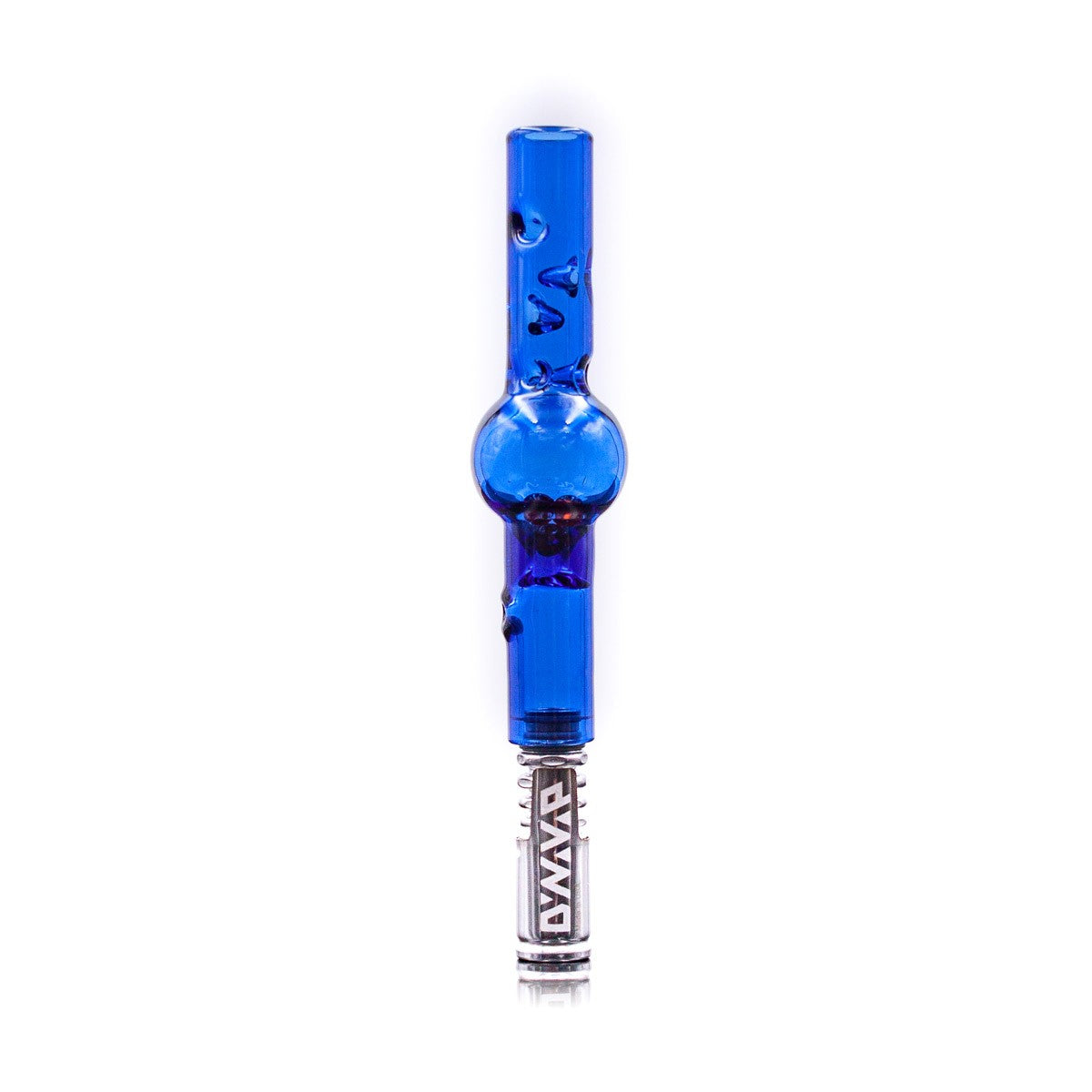 Blue Maraca Glass Cooling Stem for DynaVap, front view on a seamless white background